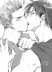 Rule 34 | !, 2boys, adam&#039;s apple, bare shoulders, clothes grab, ear piercing, earrings, greyscale, hand on another&#039;s shoulder, highres, jewelry, kiss, looking at viewer, looking back, male focus, monochrome, multiple boys, nervous sweating, piercing, rukawa kaede, sakuragi hanamichi, shirt, shirt grab, short sideburns, simple background, slam dunk (series), sweat, t-shirt, tsutabnst, upper body, white background, yaoi