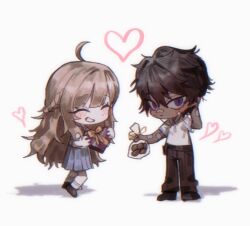 1boy 1girl bag black_pants blue_skirt blush box box_of_chocolates brown_hair catherine_(project_moon) chanil_(muexlku) chibi closed_eyes commentary_request cookie dark-skinned_male dark_skin food grin heart-shaped_box heathcliff_(project_moon) holding holding_bag korean_commentary limbus_company long_hair looking_at_viewer pants pleated_skirt project_moon purple_eyes shirt short_sleeves skirt smile valentine very_long_hair white_shirt
