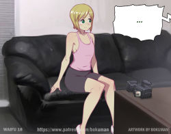 1boy blonde_hair blush boku_no_pico bokuman camera casting_couch couch desk eyebrows green_eyes pico_(boku_no_pico) shirt short_hair shorts sitting smile trap