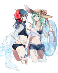 2girls alternate_costume alternate_hair_color ass bikini black_bikini blue_eyes blue_hair breasts butt_crack cleavage clovisxvii commentary_request crop_top cropped_legs dual_persona female_byleth_(enlightened)_(fire_emblem) female_byleth_(fire_emblem) fire_emblem fire_emblem:_three_houses flower food green_eyes green_hair hair_flower hair_ornament hand_on_own_hip hat highres jewelry large_breasts long_hair multiple_girls navel necklace nintendo popsicle sarong simple_background straw_hat swimsuit thighs white_background white_bikini