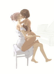2girls bare_legs bare_shoulders barefoot black_camisole brown_hair camisole closed_eyes commentary dark-skinned_female dark_skin dress english_commentary grand_piano hair_bun hand_on_another&#039;s_back highres instrument ker0nit0 kiss multiple_girls off-shoulder_dress off_shoulder original piano piano_bench short_hair simple_background sitting sitting_on_lap sitting_on_person strap_slip white_background white_dress yuri