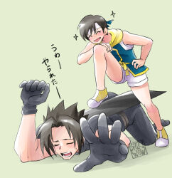 1boy 1girl black_gloves black_hair black_pants child closed_eyes crisis_core_final_fantasy_vii cross_scar facial_scar final_fantasy final_fantasy_vii furrowed_brow gloves hair_slicked_back headband highres hood hood_down open_mouth outstretched_hand pants parted_bangs scar scar_on_cheek scar_on_face shikiwo shoes short_hair shorts sign sketch smile weapon weapon_on_back white_headband white_shorts yellow_shoes yuffie_kisaragi zack_fair