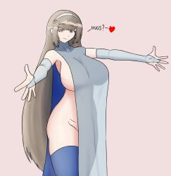 absurdres ass bandana bare_shoulders breasts brown_eyes catahuct colored_eyelashes daiyan_(girls&#039;_frontline_2) eyelashes fingerless_gloves girls&#039;_frontline girls&#039;_frontline_2:_exilium gloves grey_hair hair_ornament heart highres hug huge_breasts light_smile looking_at_viewer outstretched_arms scapular sideboob silhouette simple_background smile spread_arms thick_eyelashes thick_thighs thighhighs thighs type_95_(girls&#039;_frontline) white_gloves white_scapular