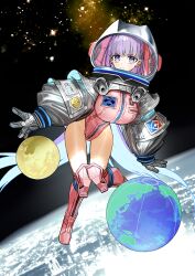 &gt;:( 1girl arm_at_side ball bb_(fate) bb_cosmo_(fate) beachball black_background boots breasts closed_mouth earth_(planet) fate/grand_order fate_(series) frown full-length_zipper full_body game_cg gloves grey_gloves grey_helmet grey_sleeves hair_ribbon helmet highleg highleg_leotard large_breasts leaning_forward leotard long_hair long_sleeves looking_at_viewer moon official_art outstretched_arm pink_boots pink_leotard pink_ribbon planet puffy_long_sleeves puffy_sleeves purple_eyes purple_hair ribbon solo space space_helmet spacesuit thigh_boots third-party_source v-shaped_eyebrows very_long_hair wada_arco zipper