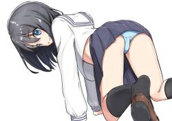 1girl ass black_hair black_skirt black_socks blue_eyes blue_panties character_request copyright_request highres kneehighs long_sleeves negimiso1989 panties pantyshot pleated_skirt school_uniform serafuku simple_background skirt socks solo thighs underwear white_background
