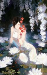1girl ada_wong arm_support bare_arms bare_shoulders black_hair breasts china_dress chinese_clothes chinese_commentary closed_eyes closed_mouth commentary_request dated dress earrings flower hair_behind_ear highres jewelry lips medium_breasts mofa_shuimu_jiang outdoors partially_submerged red_flower resident_evil short_hair signature single_earring sitting sleeveless sleeveless_dress solo water wet wet_clothes wet_dress white_dress white_flower yokozuwari