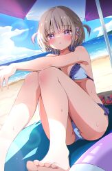 Rule 34 | 1girl, :o, absurdres, ass, beach, beach towel, beach umbrella, bikini, blonde hair, blue sky, blush, breasts, cloud, commentary, day, frills, highres, hololive, hololive dev is, knees up, looking at viewer, multicolored hair, ocean, outdoors, parted lips, purple eyes, purple hair, sandals, short hair, sitting, sky, small breasts, solo, swim ring, swimsuit, t4n4k4 no yosei, thighs, todoroki hajime, towel, two-tone hair, two side up, umbrella, unworn sandals, virtual youtuber, white bikini