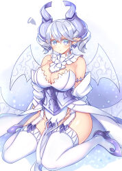 1girl bare_shoulders breasts cleavage demon_girl demon_horns demon_wings dress drill_hair duel_monster earrings full_body grey_eyes grey_hair high_heels horns jewelry kanemitsu411 kneeling large_breasts lovely_labrynth_of_the_silver_castle pointy_ears simple_background slit_pupils solo strapless strapless_dress thighhighs twin_drills white_background white_dress white_thighhighs white_wings wings yu-gi-oh!