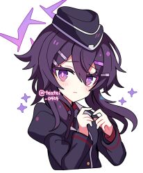 1girl black_hat black_shirt blue_archive blush closed_mouth commentary cropped_torso dot_nose hair_between_eyes halo haruka_(blue_archive) hat highres juliet_sleeves long_hair long_sleeves looking_at_viewer puffy_sleeves purple_eyes purple_hair purple_halo shirocha_tei shirt simple_background solo sparkle twitter_username white_background