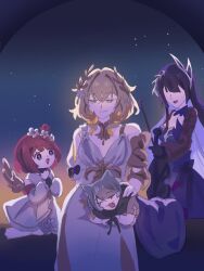 4girls aged_down aglaea_(honkai:_star_rail) ancient_greek_clothes angel_wings animal_ears blonde_hair blue_eyes breasts cat_ears cat_girl cipher_(honkai:_star_rail) commentary_request dress drooling flower greco-roman_clothes green_eyes grey_hair hair_flower hair_ornament highres holding holding_instrument holding_violin honkai:_star_rail honkai_(series) hysilens_(honkai:_star_rail) instrument kj015 lap_pillow laurel_crown long_hair mouth_drool multiple_girls night night_sky open_mouth purple_dress purple_hair rags red_hair robe short_hair sitting sky sleeping smile star_(sky) starry_sky tribbie_(honkai:_star_rail) very_long_hair violin white_dress white_robe wings