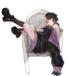 1girl absurdres black_coat black_hair coat feet_up fur-trimmed_coat fur_trim grey_hair grin highres hololive hololive_english kurochanai long_hair looking_at_viewer multicolored_hair on_chair purple_coat shiori_novella shiori_novella_(1st_costume) simple_background sitting smile solo split-color_hair teeth two-sided_coat two-sided_fabric two-tone_hair virtual_youtuber white_background yellow_eyes