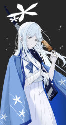 1girl absurdres bandaged_arm bandages black_background blue_archive blue_haori blue_neckerchief grey_eyes hair_ornament halo haori highres holding holding_skewer japanese_clothes long_hair long_skirt looking_at_viewer nagusa_(blue_archive) neckerchief rena_(rena_emc2) school_uniform serafuku shirt short_sleeves simple_background skewer skirt snowflake_hair_ornament solo very_long_hair white_hair white_serafuku white_shirt white_skirt