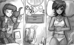 2girls averting_eyes bag bare_shoulders covered_erect_nipples daring_do_(my_little_pony) dark-skinned_female dark_skin duffel_bag from_above greyscale hip_tattoo humanization indoors john_joseco lying midriff_peek monochrome multiple_girls nervous on_back pajamas panties pencil pillow princess_luna sleepover underwear unworn_eyewear