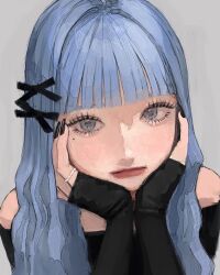 Rule 34 | 1girl, black gloves, black nails, black shirt, blue eyes, blue hair, blunt bangs, closed mouth, crying, eyelashes, fingerless gloves, fingernails, gloves, grey background, hair ornament, hands on own cheeks, hands on own face, highres, jewelry, long hair, looking at viewer, original, pearl ring, portrait, ring, shirt, solo, wispy bangs, x hair ornament, yudouhu (yudouhu yu 102)