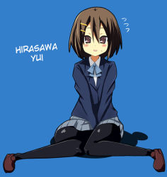 1girl bad_feet brown_eyes brown_hair feet female_focus full_body hair_ornament hairclip hard-translated hirasawa_yui k-on! pantyhose pilotis school_uniform short_hair simple_background skirt solo third-party_edit translated