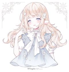 Rule 34 | 1girl, animal ears, blonde hair, blue eyes, blush, commentary, eyelashes, flower, grey vest, hair flower, hair ornament, highres, long hair, neck ribbon, open mouth, original, puffy short sleeves, puffy sleeves, ribbon, sheep ears, shirt, short sleeves, smile, solo, tareme, ting (tingiiio), vest, white flower, white ribbon, white shirt