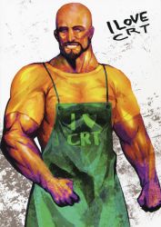 1boy absurdres apron artbook bald clenched_hand crt dark-skinned_male dark_skin english_text facial_hair green_apron highres huke huke_(style) i_heart... manly muscular muscular_male official_art old old_man purple_eyes realistic shirt steins;gate tennouji_yuugo white_background yellow_shirt