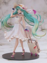 1girl 3d absurdres aqua_eyes aqua_hair bare_shoulders blush bow bowtie buttons character_name chikb collar collarbone copyright_name dress figure_available fingerless_gloves frills full_body gloves goodsmile_racing hair_ornament hand_up hat hatsune_miku high_heels highres holding logo long_hair looking_at_viewer luggage merchandise_available nail_polish open_mouth racing_miku racing_miku_(2021) rolling_suitcase sleeveless smile standing suitcase toenail_polish toenails toes twintails very_long_hair vocaloid white_dress