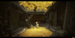 1girl animal architecture autumn_leaves blonde_hair building cat chinese_commentary courtyard dress east_asian_architecture flower h88hs hair_flower hair_ornament highres isekaijoucho kamitsubaki_studio lantern leaf letterboxed long_hair long_sleeves plant scenery signature solo squatting tree wide_shot yellow_dress