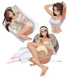 Rule 34 | 1boy, 1girl, alien stage, between legs, blonde hair, breasts, brown hair, brown nails, camisole, cardigan, cellphone, cleavage, closed eyes, commentary, crop top, dark-skinned female, dark skin, dolphin shorts, grey camisole, grey eyes, grey shorts, hairband, head between thighs, highres, holding, holding phone, hyuna (alien stage), long hair, luka (alien stage), midriff, ninoude (yt7lkhimeo6t7lv), phone, saliva, shirt, shorts, sleeping, smartphone, translation request, very long hair, white shirt