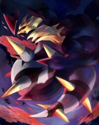 animal_focus az_(try_2320) black_sclera colored_sclera creatures_(company) game_freak gen_4_pokemon giratina giratina_(origin) legendary_pokemon looking_back nintendo pokemon pokemon_(creature) red_eyes solo spikes tail wings
