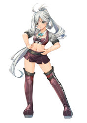 1girl absurdres ahoge aqua-framed_eyewear aqua_bow aqua_bowtie asashimo_(kancolle) bandeau bow bowtie braid clothes_writing commentary_request cropped_jacket detached_collar full_body grey_eyes grey_hair grin hair_between_eyes hair_ribbon hands_on_own_hips highres jacket kantai_collection long_hair looking_at_viewer midriff navel parted_lips ponytail purple_bandeau purple_shorts purple_thighhighs race_queen ribbon shorts simple_background smile solo standing thighhighs white_background white_jacket white_ribbon yashin_(yasinz)