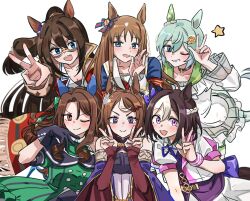6+girls animal_ears bare_shoulders blue_hair breasts brown_hair cleavage collarbone domino_mask ear_covers el_condor_pasa_(umamusume) golden_generation_(umamusume) grass_wonder_(umamusume) green_hair highres horse_ears horse_girl horse_tail king_halo_(umamusume) looking_at_viewer mask multiple_girls one_eye_closed purple_eyes red_eyes seiun_sky_(umamusume) smile special_week_(umamusume) spiked_hair tail tsurumaru_tsuyoshi_(umamusume) umamusume unseuking0427 v