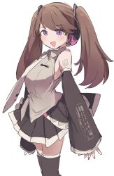 Rule 34 | 1girl, armpit crease, bare shoulders, black skirt, black sleeves, black thighhighs, brown hair, collared shirt, commentary, cosplay, cowboy shot, detached sleeves, fujishima megumi, grey shirt, hatsune miku, hatsune miku (cosplay), headphones, highres, link! like! love live!, long necktie, looking at viewer, love live!, miniskirt, necktie, number tattoo, pleated skirt, purple eyes, shirt, skirt, sleeveless, sleeveless shirt, solo, standing, tattoo, thighhighs, twintails, uo (wotakana p), virtual youtuber, vocaloid, white necktie, zettai ryouiki