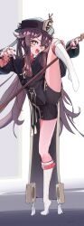 1girl black_hat black_nails black_shorts brown_eyes brown_hair brown_jacket coattails commentary_request flower-shaped_pupils full_body genshin_impact hat highres hooriyuu hu_tao_(genshin_impact) jacket jewelry kneehighs long_hair long_sleeves looking_at_viewer multiple_rings nail_polish open_mouth ring short_shorts shorts signature socks solo standing standing_on_one_leg symbol-shaped_pupils tiptoes twintails very_long_hair white_socks