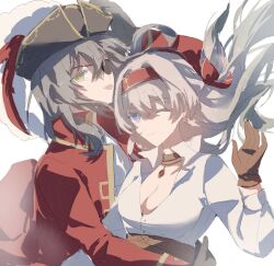 2girls black_choker breasts choker cleavage closed_mouth eyepatch firefly_(honkai:_star_rail) gradient_eyes green_pupils grey_hair hair_between_eyes hair_intakes hair_ribbon hairband hat highres honkai:_star_rail honkai_(series) jacket jewelry large_breasts long_hair minutes_(minutes_draw) multicolored_eyes multiple_girls necklace one_eye_closed open_clothes open_jacket open_shirt pirate pirate_hat red_hairband red_jacket red_ribbon ribbon shirt simple_background smile stelle_(honkai:_star_rail) tongue tongue_out trailblazer_(honkai:_star_rail) white_background white_shirt