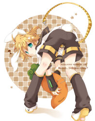 1boy 96mame ? animal_ears ass belt bent_over black_sailor_collar blonde_hair blue_eyes carrot detached_sleeves from_behind full_body kagamine_len kneepits leg_warmers looking_at_viewer male_focus navel ponytail rabbit_ears rabbit_tail sailor_collar shirt shoes short_hair short_ponytail shorts solo solo_focus tail vocaloid white_shirt
