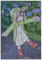 1girl animal_hood balancing blush boots brown_hair child commentary_request fang flower frog_hood from_above from_side full_body grass highres hood hood_up hydrangea long_sleeves looking_at_viewer looking_to_the_side okuribi open_mouth original outdoors outstretched_arms path puddle rain raincoat red_boots reflection road short_hair solo standing standing_on_one_leg thick_eyebrows