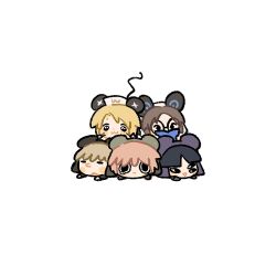5boys black_hair blonde_hair brown_hair chibi commentary_request dogpile glasses hat kinder_surprised_michael_jr. male_focus mouse_boy mouse_hat mouse_tail multiple_boys orange_hair present_day_problem_takeuchi_robert randal&#039;s_friends ratman_3_(randal&#039;s_friends) ratman_4_(randal&#039;s_friends) ratman_5_(randal&#039;s_friends) sailor_hat shieriru short_hair simple_background stomach tail white_background