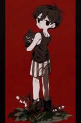 1boy antenna_hair black_eyes black_hair black_socks black_tank_top cat closed_mouth colored_skin crmmm91 flower full_body lily_of_the_valley looking_at_viewer male_focus mewo omori omori_(omori) pillarboxed red_background short_hair shorts simple_background socks solo striped_clothes striped_shorts tank_top vertical-striped_clothes vertical-striped_shorts white_skin