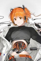1girl a.i._voice absurdres adachi_rei android belt black_shirt cable closed_mouth clothes_lift fresa_pie grey_background grey_skirt hair_between_eyes hair_ribbon hashtag-only_commentary headlamp headphones headset highres jacket jacket_partially_removed looking_at_viewer microphone orange_belt orange_eyes orange_hair radio_antenna ribbon shadow shirt shirt_lift short_hair side_ponytail simple_background skirt solo utau white_background white_ribbon