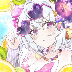 1girl adjusting_eyewear azusa_(blue_archive) azusa_(swimsuit)_(blue_archive) bare_shoulders bead_necklace beads blue_archive blush bow flower goanchor hair_between_eyes hair_bow hair_flower hair_ornament heart heart-shaped_eyewear highres jewelry long_hair looking_at_viewer necklace official_alternate_costume open_mouth painting_(medium) pink_bow purple_flower sidelocks solo sunglasses traditional_media watercolor_(medium) white_hair