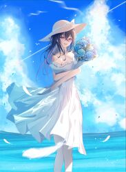 1girl black_hair blue_flower blue_sky blurry bouquet breasts cleavage clothes_lift cloud cloudy_sky cowboy_shot criss-cross_halter dress dress_lift feathers floating_clothes flower halter_dress halterneck haru_(haru83380282) hat highres holding holding_bouquet ichinose_uruha large_breasts long_hair looking_at_viewer open_mouth purple_eyes sky sleeveless sleeveless_dress smile solo sun_hat teeth upper_teeth_only virtual_youtuber vspo! white_dress