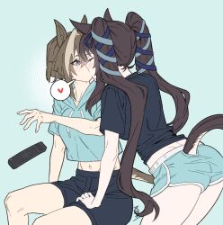 2girls animal_ears black_shirt black_shorts blue_background blue_eyes blue_hoodie blue_ribbon blue_shorts blue_theme brown_hair brown_tail cheval_grand_(umamusume) clothing_cutout commentary controller cowboy_shot cropped_hoodie dock_(tail) dolphin_shorts hair_ribbon hand_on_another&#039;s_lap hand_on_another&#039;s_leg heart highres hood hoodie horse_ears horse_girl horse_tail incest kiss leaning_forward long_hair loungewear matoi_sakuretsu micro_shorts midriff_peek multicolored_hair multiple_girls navel remote_control ribbon shirt short_hair short_shorts short_sleeves shorts siblings signature sisters sitting speech_bubble spoken_heart streaked_hair surprised t-shirt tail tail_through_clothes twintails umamusume vivlos_(umamusume) yuri