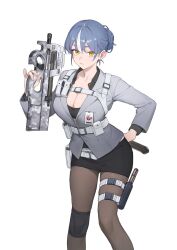 Rule 34 | 1girl, blue hair, blush, breasts, bullpup, cleavage, cowboy shot, gun, hair bun, high-capacity magazine, highres, holster, horizontal magazine, id card, jaejae, knee pads, large breasts, looking at viewer, multicolored hair, office lady, original, p90, pantyhose, pencil skirt, personal defense weapon, simple background, single knee pad, skirt, solo, streaked hair, submachine gun, tactical clothes, thigh holster, weapon, white hair, yellow eyes