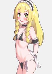 1girl :d absurdres alternate_costume arm_garter bikini black_arm_garter black_bikini blonde_hair blush breasts collarbone commentary_request eyelashes gloves green_eyes gupunetsu highres lillie_(pokemon) long_hair maid maid_bikini maid_headdress neck_garter nintendo open_mouth pokemon pokemon_sm side-tie_bikini_bottom simple_background smile solo swimsuit unconventional_maid white_gloves