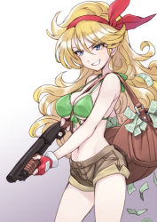 1girl bad_id bag bikini bikini_top_only blonde_hair blue_eyes breasts cleavage dragon_ball evil_grin evil_smile female_focus fingerless_gloves gloves gradient_background grin gun hair_ribbon large_breasts long_hair lunch_(dragon_ball) matsuryuu money navel ribbon short_shorts shorts shotgun simple_background smile solo swimsuit weapon