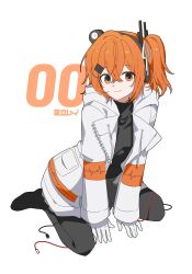 1girl a.i._voice absurdres adachi_rei black_pantyhose crossed_bangs eundongi flat_chest grey_skirt hair_between_eyes hair_ribbon hashtag-only_commentary headlamp highres jacket kneeling leaning_forward long_sleeves looking_at_viewer open_clothes open_jacket orange_background orange_eyes orange_hair pantyhose radio_antenna ribbon side_ponytail skirt smile solo utau white_background white_jacket white_ribbon zipper