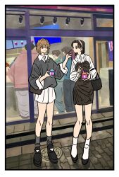2girls 3boys aged_up bag black_dress bob_cut border brown_hair collared_shirt commentary dress english_commentary full_body grey_socks haibara_ai hair_between_eyes hairband handbag highres hood hoodie kojima_genta kudou_shin&#039;ichi meitantei_conan multiple_boys multiple_girls pink_hairband shirt smile socks sweater takeuchi_ryousuke tsuburaya_mitsuhiko undercut white_border white_shirt white_socks yoshida_ayumi