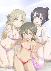 3girls :d ball beachball bikini black_hair blonde_hair blue_bikini blue_bow blush blush_stickers bow breasts brown_eyes brown_hair cleavage closed_mouth collarbone covered_erect_nipples folded_ponytail fudesato_muu green_eyes hair_between_eyes hair_bow hair_ornament hairclip kneeling large_breasts leaning_forward long_hair looking_at_viewer low_ponytail medium_breasts medium_hair micro_bikini minowa_gin multiple_girls navel nogi_sonoko open_mouth ponytail purple_bikini red_bikini short_hair short_ponytail small_breasts smile swimsuit tan thigh_gap v washio_sumi washio_sumi_wa_yuusha_de_aru yuusha_de_aru
