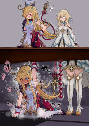 !? 2girls ? ?? ahoge anal anal_beads anal_beads_reveal arm_up blonde_hair blush chef_hat clenched_hand escoffier_(genshin_impact) female_ejaculation flower full-face_blush genshin_impact hair_flower hair_ornament hat heart highres implied_orgasm long_hair lucifina_006 lumine_(genshin_impact) multiple_girls pee pee_puddle peeing peeing_self pussy_juice pussy_juice_puddle sex_toy sex_toy_pull short_hair_with_long_locks sitting wariza wet wet_clothes wrist_cuffs yuri
