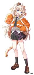 Rule 34 | 1girl, ahoge, alternate costume, animal ears, black necktie, black skirt, black socks, blonde hair, blue eyes, bow, brown shoes, chromashift, collared shirt, commentary request, company name, copyright name, copyright notice, crown, fangs, full body, hair bow, hand on own hip, highres, jose (unknownshuriken), loafers, long hair, long sleeves, looking at viewer, mini crown, multicolored hair, necktie, official art, open mouth, orange sweater, pleated skirt, sample watermark, school uniform, shabel tonya, shirt, shoes, simple background, skin fangs, skirt, socks, solo, standing, streaked hair, sweater, sweater vest, tail, tiger ears, tiger girl, tiger tail, virtual youtuber, watermark, white background, white hair, white shirt, white streaks, yellow bow