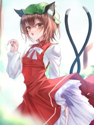 Rule 34 | 1girl, :d, animal ear fluff, animal ear piercing, animal ears, arm behind back, bloom, blush, bow, bowtie, brown eyes, brown hair, cat ears, chen, commentary request, cowboy shot, dress, fang, fingernails, frills, gold trim, grey background, hair between eyes, hand up, hat, highres, long sleeves, looking at viewer, mob cap, nail polish, nyarocks, open mouth, outdoors, petticoat, puffy long sleeves, puffy sleeves, red dress, red nails, sharp fingernails, short hair, simple background, slit pupils, smile, solo, touhou, white bow, white bowtie, wind, wind lift