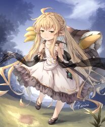 1girl ahoge backpack bag banana black_shoes blonde_hair commentary_request corn dress flat_chest food frilled_dress frills fruit full_body granblue_fantasy green_eyes harvin highres khell long_hair looking_at_viewer melissabelle pointy_ears shoes smile solo very_long_hair white_dress