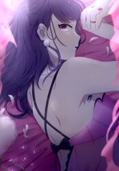 1girl 1other absurdres babydoll bare_shoulders bead_necklace beads bed_sheet commentary_request dress earrings highres holding_hands jewelry kashiki_yuno long_hair looking_to_the_side milgram mole mole_under_eye necklace official_alternate_costume on_bed pearl_earrings petals pink_dress pink_eyes pink_nails purple_hair shadow shoulder_blades sleepwear solo toktoksosso upper_body
