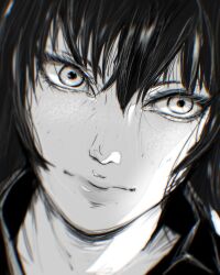 1girl absurdres collared_dress creepy dress eyelashes female_focus fubuki_(one-punch_man) greyscale highres looking_at_viewer medium_hair monochrome one-punch_man short_hair sketch